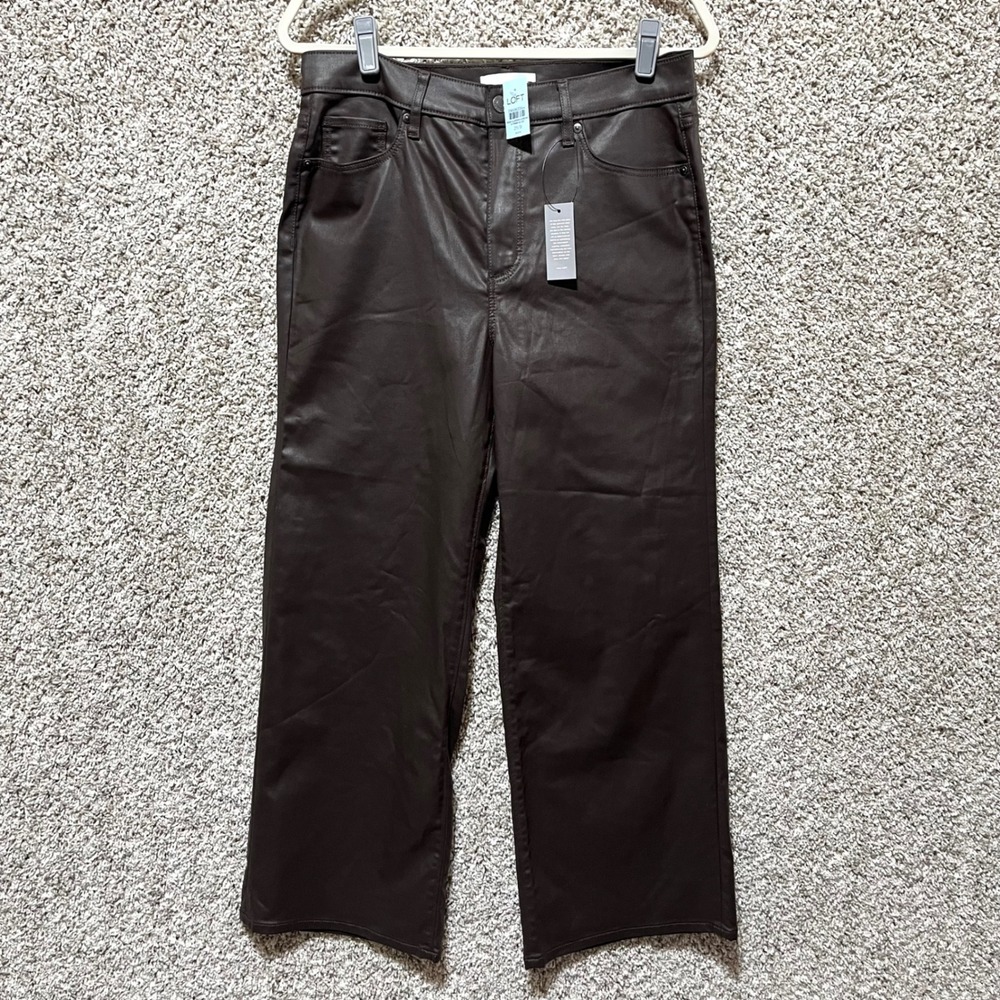 LOFT Pants Women's 29/8P Brown Coated Faux Leather High Rise The Wide Leg NWT